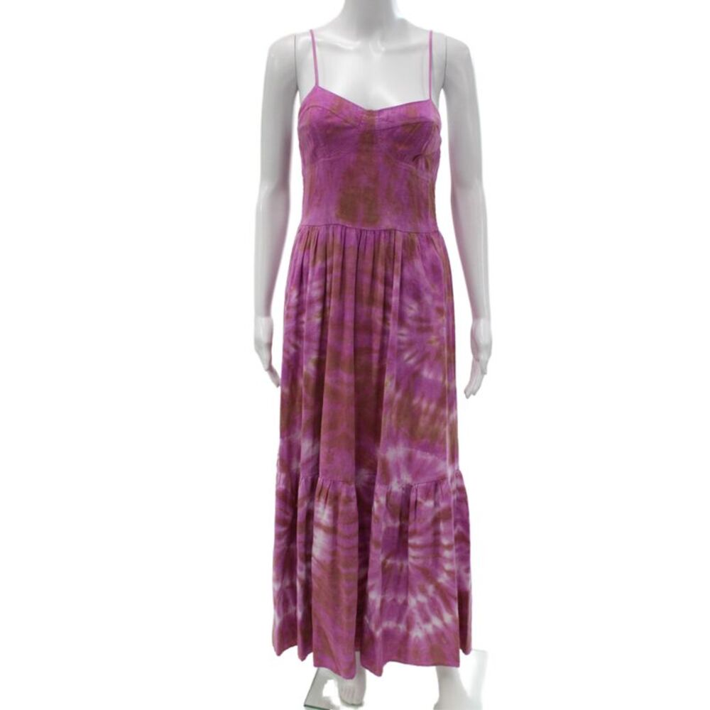 YFB Women Maxi Dress Brown Tie Dye Linen Sleeveless Sweetheart Bohemian Size S